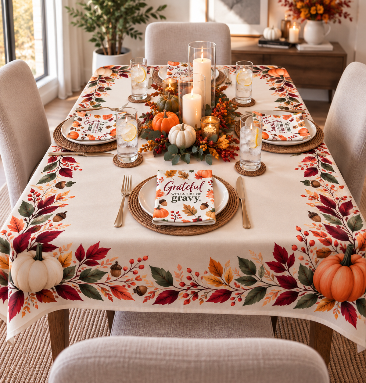 Grateful with a Side of Gravy Napkins | Thanksgiving Fall Pumpkin Cloth Napkin Set