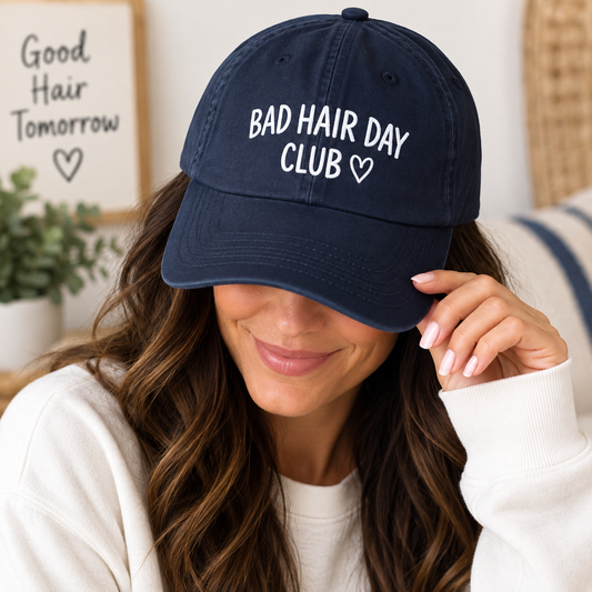 Bad Hair Day Club Hat | Funny Baseball Cap for Women | Navy Low Profile Cap | Funny Gift for Her