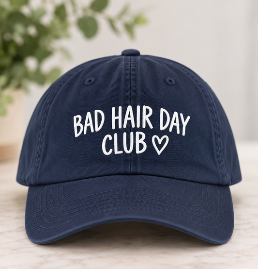 Bad Hair Day Club Hat | Funny Baseball Cap for Women | Navy Low Profile Cap | Funny Gift for Her