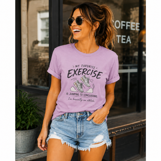 Funny Exercise Quote T-Shirt | Jumping to Conclusions Sneaker Graphic Tee