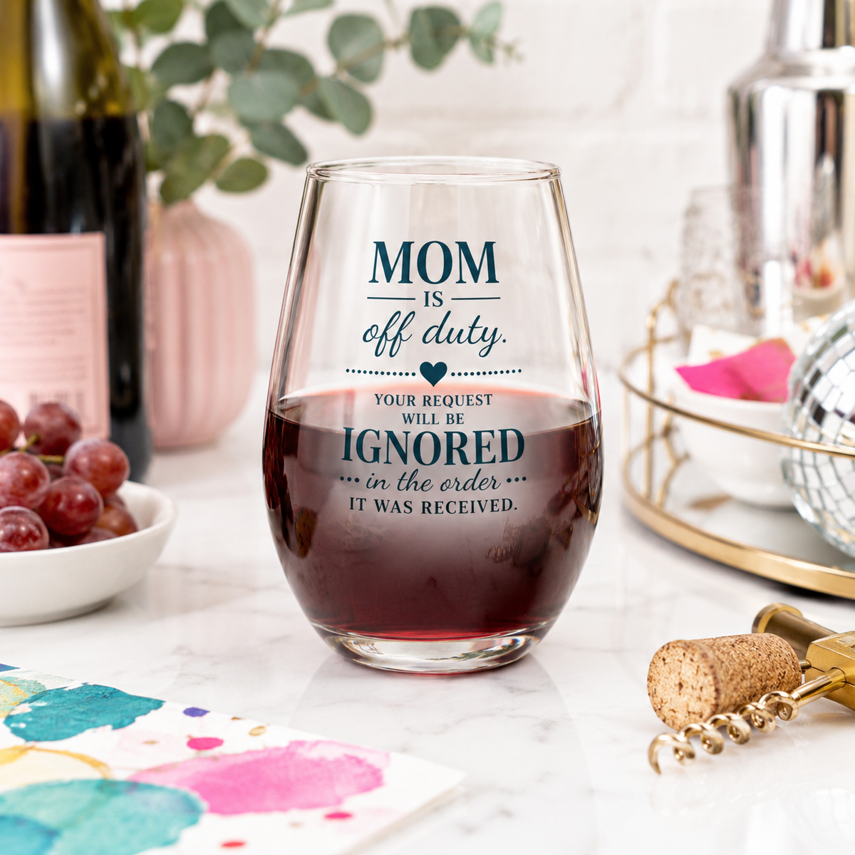 Mom Off Duty Wine Glass | Funny Mom Gift | Stemless Wine Glass for Mom
