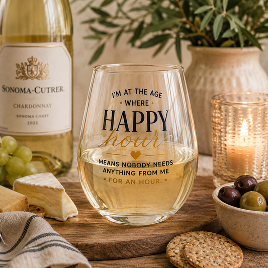 Happy Hour Wine Glass | Funny Stemless Wine Glass for Women | Wine Lover Gift