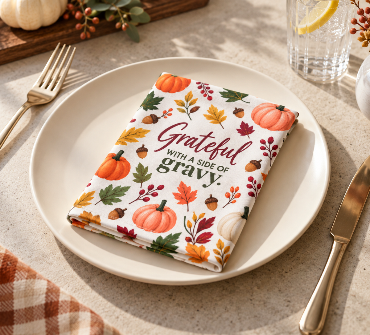 Grateful with a Side of Gravy Napkins | Thanksgiving Fall Pumpkin Cloth Napkin Set